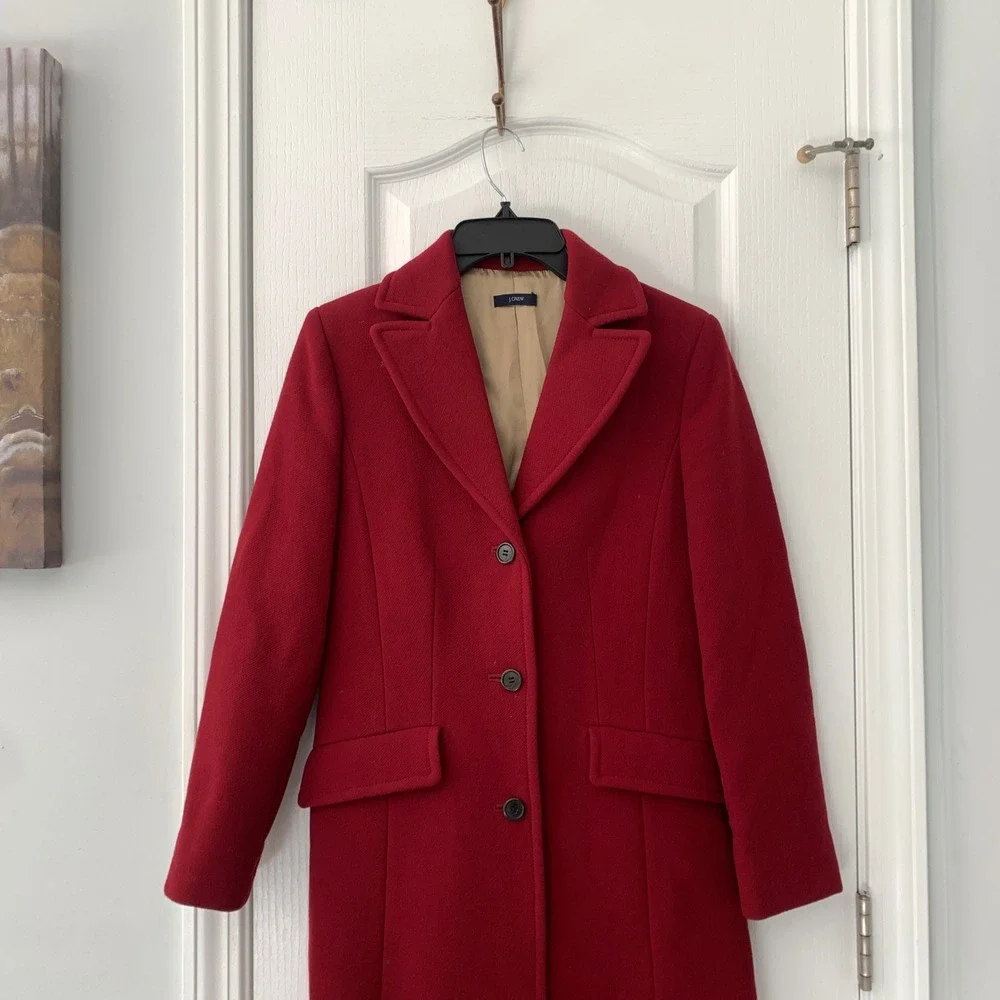 J.‎ Crew Womens Red Wool Blend Long Overcoat Button Front Topcoat Jacket